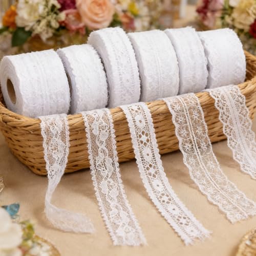 Forbabe 6 Rollen 10M Spitzenband Weiße Spitze Lace Vintage Spitzenband Set für Hochzeit Handwerk Scrapbooking DIY-Projekte