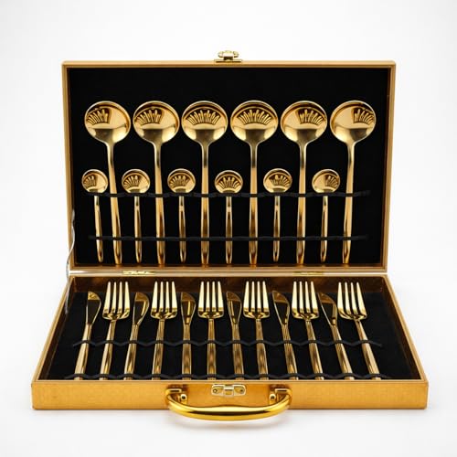 Image of 24-Piece Cutlery Set with Storage Box | SUS410 Stainless Steel Dinner Set | Luxury Gift Set with Carry Case | Premium Spoon Fork Knife Set for Dining & Festive Gifting - Gold