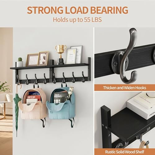 Image of 33 inch Coat Rack Wall Mount with Shelf, Entryway Wall Hooks with Shelf, Heavy Duty Coat Hanger Wall Mount for Living Room, Bedroom, Black