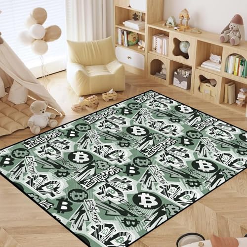 4' x 6' Bitcoin Area Rug for Boys Green Money Carpet for Nursery Hallway Laundry Room Classroom Bedroom Playroom Non Slip Throw Rug, 47" x 71" Bitcoin