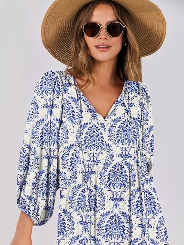 Image of ANRABESS Womens Boho Floral 3 /4 Puff Sleeve Maxi Dress | Tiered Flowy Loose Fit, Comfy Soft Rayon Fabric, Wedding Guest Church Beach, Modest Elegant, Spring Summer Fall Outfits