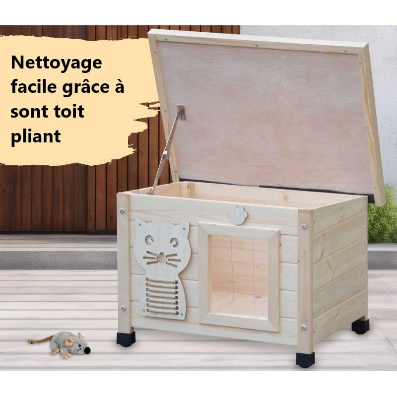 Maison pour Chat Niche avec Toit Pliable pour Exterieur et Interieur 53x45x43cm Filix Natur