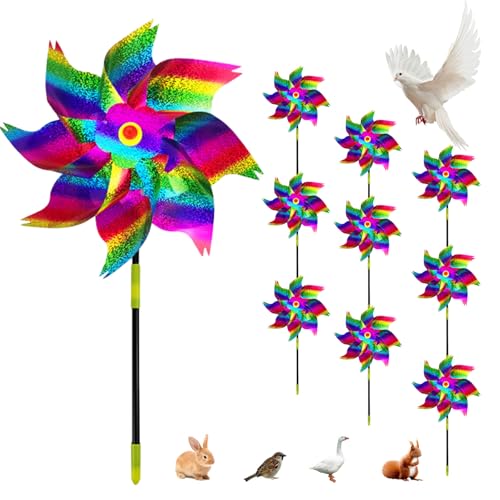 Windrad Vogelabwehr - 10 Stück Reflektierende Windrad Taubenabwehr Windräder Windmühle Balkon Taubenschreck Vogelschreck Windrad Windspiel Garten für Farm Obstgarten Hof (Regenbogenfarben)