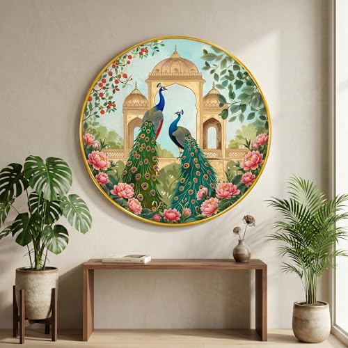Image of SAF Royal Peacock Couple Wall Painting Round PVC Golden Frame Floral Garden Artwork Elegant Bird Art for Living Room Bedroom Hallway Office Home Decor (23 x 23 Inch) GR-411
