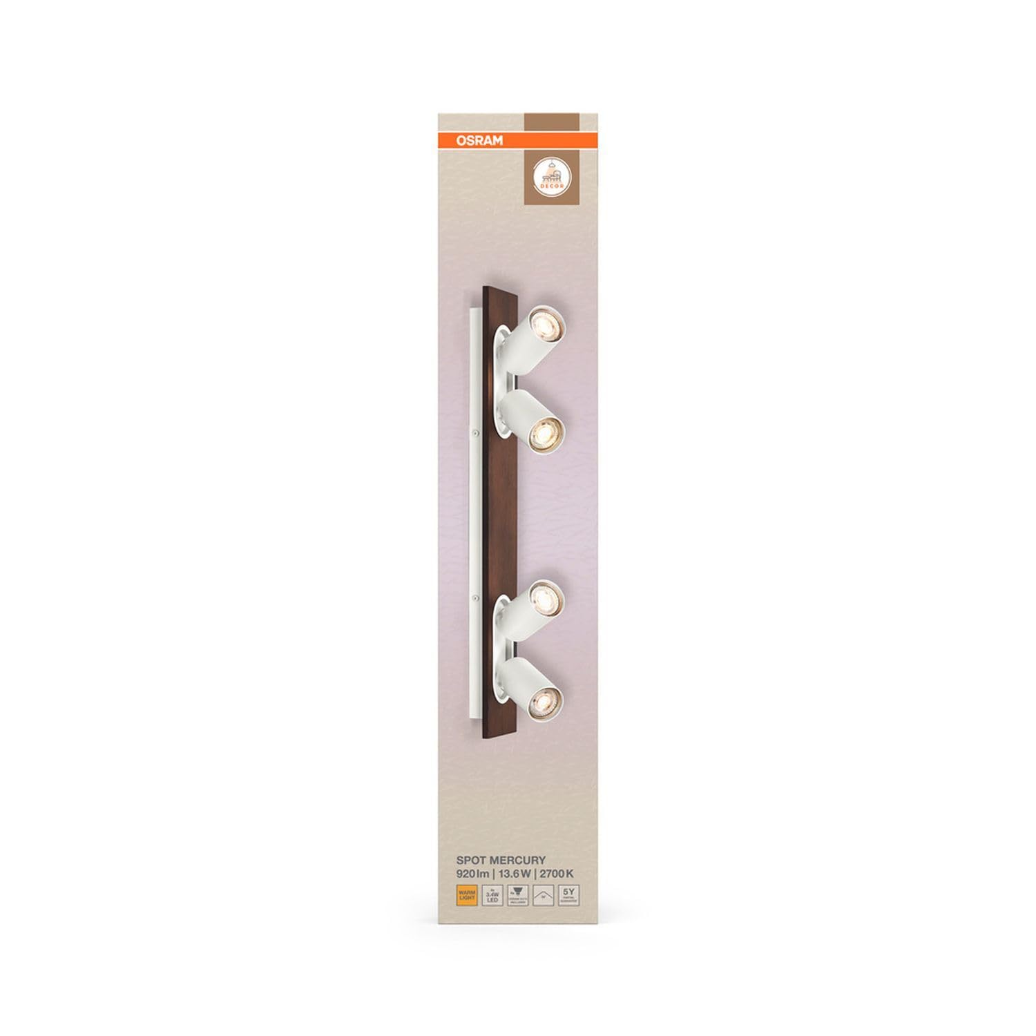 Osram DECOR Spot Mercury, 4 x 3,4 W, 920 lm, effetto legno, bianco, faretto, teste regolabili, versatili, faretto interno, lampadine LED sostituibili, luce bianca calda, GU10