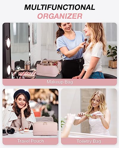 Image of BAGSMART Makeup Bag, Travel Cosmetic Bag Organizer, PU Leather Water-Resistant Pouch, Open Flat Makeup Storage for Toiletries, Brushes, PU Leather Pink