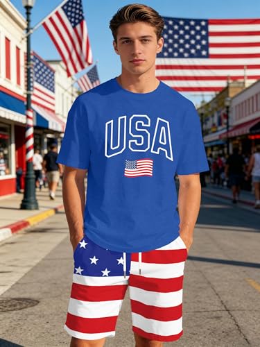 Image of Ithalt Patriotic Shirts for Men 4th of July Outfit 2 Piece Set Short Sleeve and Shorts American Flag 250th Anniversary