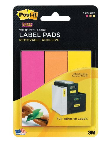 Post-it Super Sticky Removable Label Pads, 1 x 3 Inches, Fushia, Orange, and Yellow, 75 Labels per pack (3 Pads) (2900-FOY)