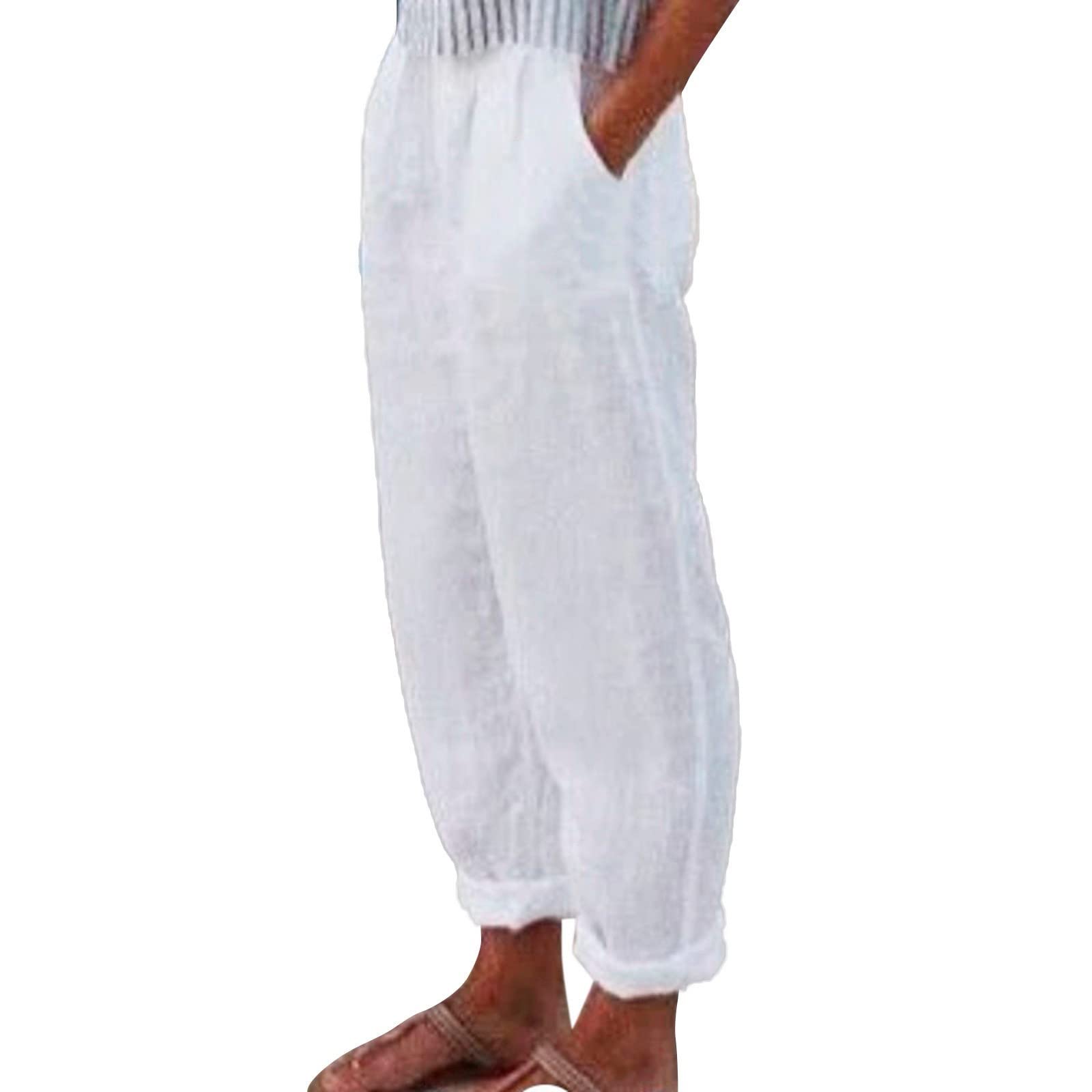 Pantacourt Femme En Lin Léger - Coupe Ample, Taille élastique, Longueur 3/4 - Avec Poches - Style Décontracté été
