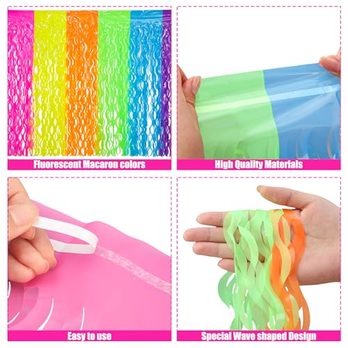 Image of 2 Pack Neon Tinsel Foil Fringe Table Skirts 108 x 29.5 Inch Glow in The Dark Party Table Decoration UV Reactive Fluorescent Wavy Tables Skirt for Glow Birthday Wedding Supplies Neon Party Decor
