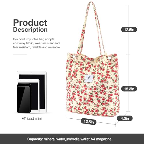 Lhmtqvk Corduroy Tote Bags For Women, Large Capacity Corduroy Bag Reusable Grocery Shoulder Bag With Inner Pockets thumb #1