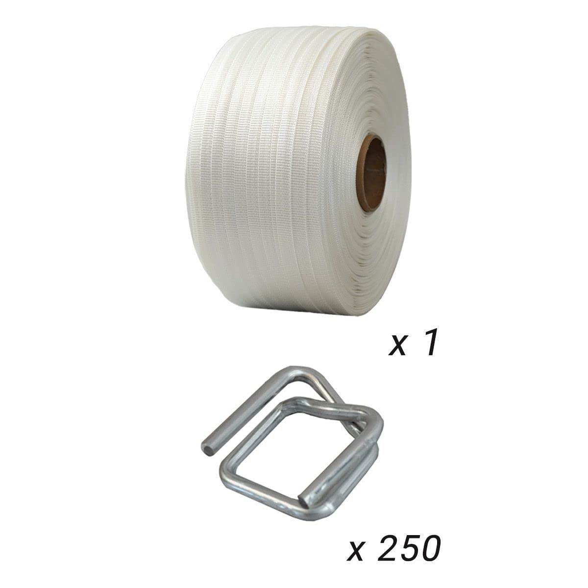 Pack 1 Fleje tejido 19 mm x 500 m + 250 hebillas - Fleje textil de alta resistencia 750kg - TECPLAST PFT1