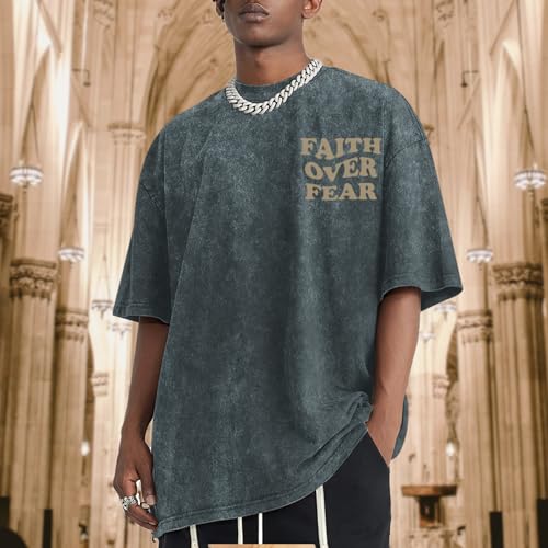 Image of Christian Shirts for Men Faith Over Fear Oversized Shirt Acid Wash Tshirt Graphic Religious T Shirt Bible Verse Tees