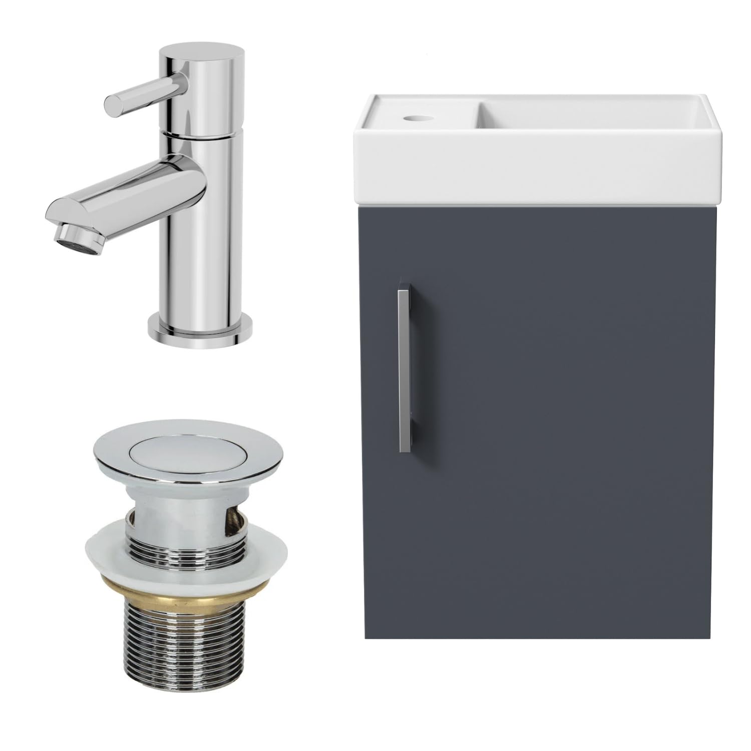 BAYSTONE 400mm Bathroom Vanity Unit Ceramic Wash Sink Wall Hung Storage Cabinet Reversible Soft Close Cupboard & Essentials Basin Mixer Tap & Waste Set, Grey Gloss