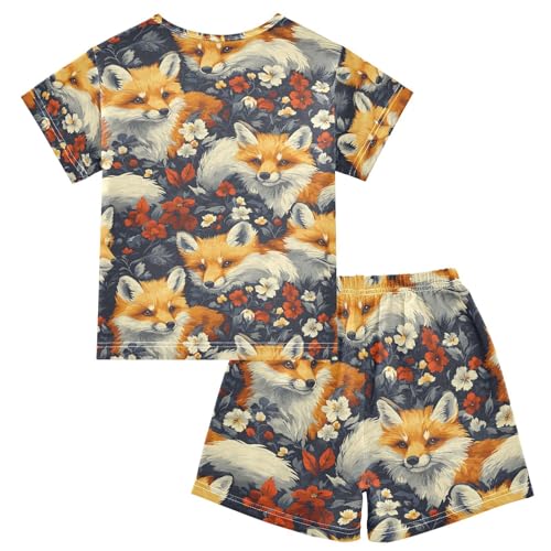 ALAZA Flower Blossom Animal Fox Pajamas Set Short Sleeve Cotton Sleepwear Summer Pjs 2 Piece 5-14Y2
