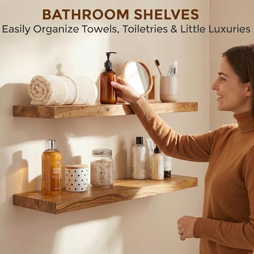 Image of Dreamland Rustic Elm Woood Floating Shelves for Wall Decor, 30 inch W x 8 inch D x 1.5 inch H Floating Shelves Set of 2, Wall Mounted Deep Wooden Shelf for Living Room, Bedroom, Kitchen, Bathroom, Natural