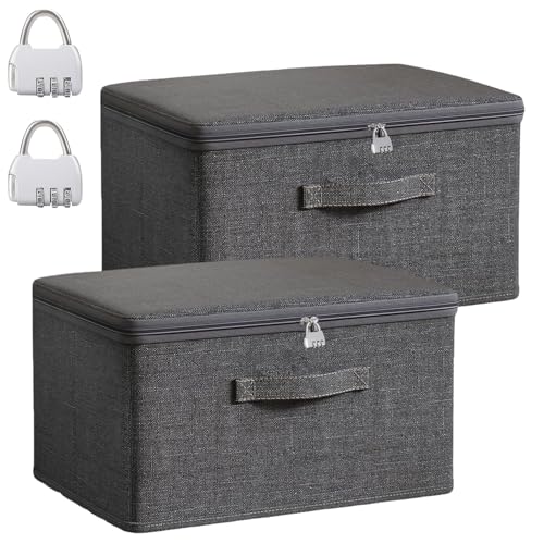 Xtrillogen 2 Pack Lockable Storage Boxes Premium Grey Fabric Storage Boxes with Lids Foldable Clothes Organiser Set Solution for Blanket Comforter Bed Sheet and Toy(S)