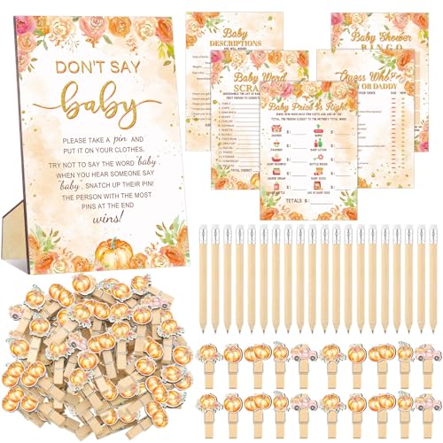 Patelai PATELAI-YUE-0888 321 Pcs Little Pumpkin Baby Shower Games Supplies, Fall Pumpkin Baby Shower Games 5 Sets (50 Cards Each) Activities Cards With 20 Pencils 1 Don'T Say Baby Sign 50 Clothespin cover
