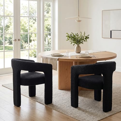 Image of HNY Modern Barrel Kitchen & Dining Room Chairs Set of 2, Sherpa Upholstered Accent Chairs with Arm, 18.5'' Wide Side Armchairs Vanity Chairs for Living Room Bedroom Makeup Small Spaces, Black