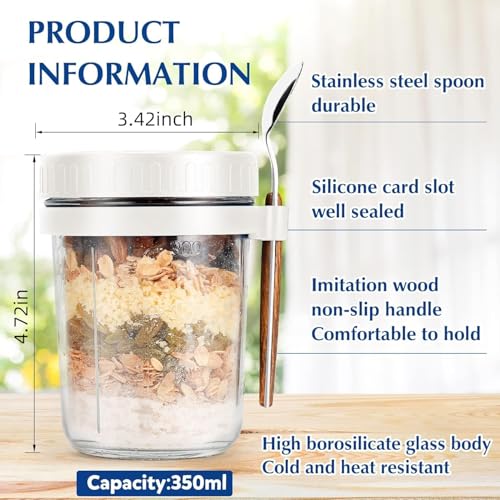 Image of PrimeWorld Glass Overnight Oats Jars With Spoon And Lid Set of 1pc-350 ML, Airtight Oatmeal Container With Measurement Marks, Mason Jars With Lid For Cereal On The Go Container Yugart,Multicolor