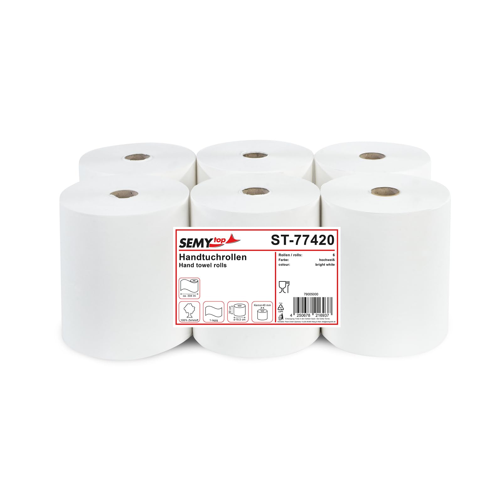 Lot de 6 rouleaux de papier essuie-mains 1 épaisseur en cellulose blanche, diamètre 19,5 cm, 20 cm