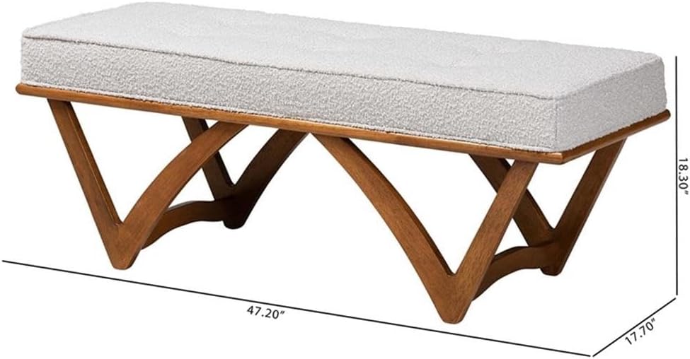BOWERY HILL Modern Boucle Fabric and Walnut Brown Wood Bench, 47.2", Foam-Padded Button-Tufted Seat, Rectangular Design with Angled Legs, Japandi Style Living Room Seating