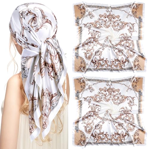 SATINIOR 35 Inch Silky Head Scarf 2 Pcs Large Square Neck Scarf Sleeping Hair Wrapping Satin Bandana for Women(Beige,Lovely Style)