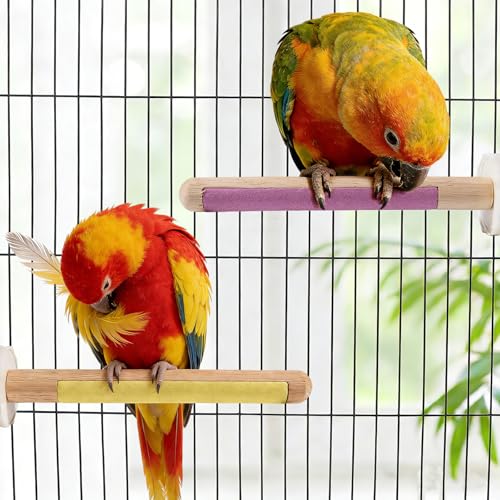 Image of Wooden Bird Perch Stand with Grinding, 2Pcs Parrot Cage Stand Branch, No Hurt Foot Claw Grinding Bird Perch for Cockatiels, Parakeets, Lovebirds