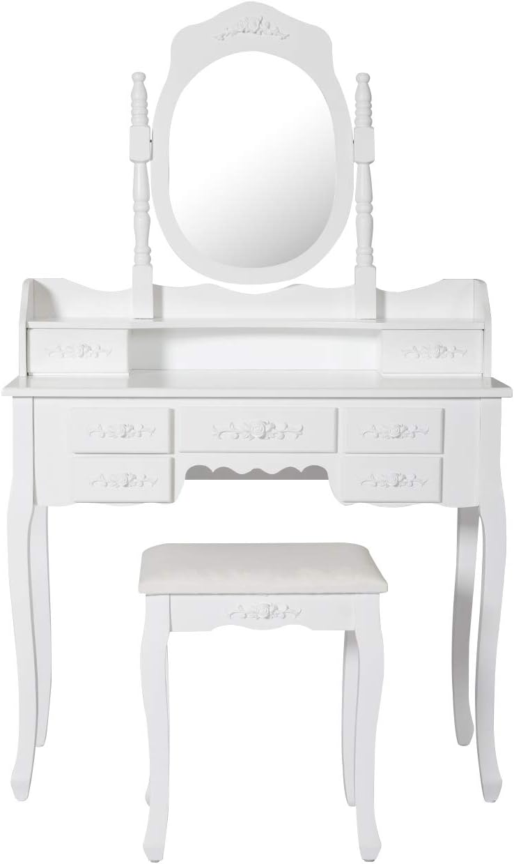 Peach Tree Vanity Table - Dressing Table with Mirror and Stool - Small Dressing Table Set with 7 Drawers - White Bedroom Makeup Table for Women