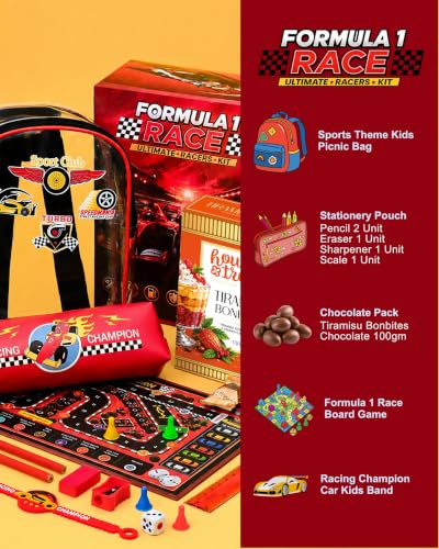 Image of Hyperfoods Car Rakhi for Kids Boys Rakhi Gift Hamper with 100g Bon Bites Chocolates Racing Car Game Set Stationery Kit Rakhi Set for Brother Kids Gift Hamper for Kid Net WT 490gm (Gross Wt. 680g)