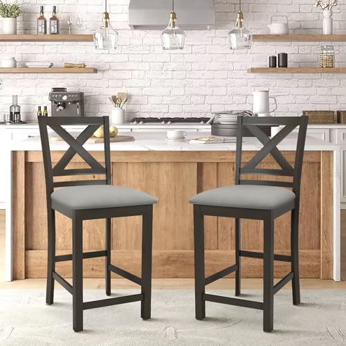 Image of COLAMY Bar Stools Set of 2, Counter Height Bar Stools, Mid Century Modern Barstools with Back, Wood Barstools for Kitchen Dining Room Bar, Dark Grey