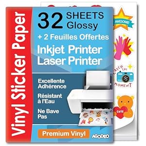 Autocollant en vinyle imprimable de qualité supérieure - 32 feuilles A4 brillantes - imperméables - compatible laser et jet d'encre - pour Cricut