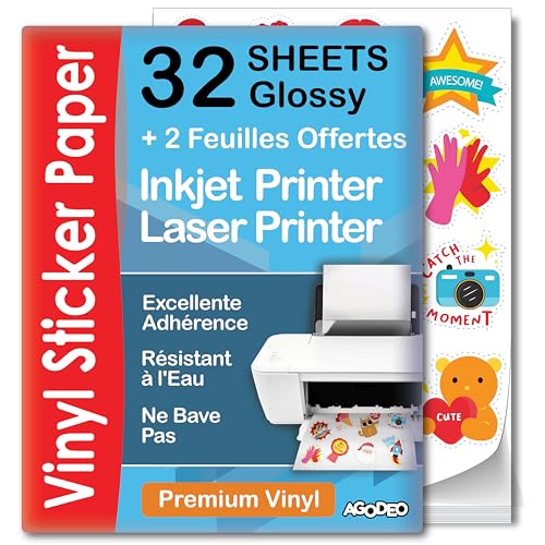 Autocollant en vinyle imprimable de qualité supérieure - 32 feuilles A4 brillantes - imperméables - compatible laser et jet d'encre - pour Cricut