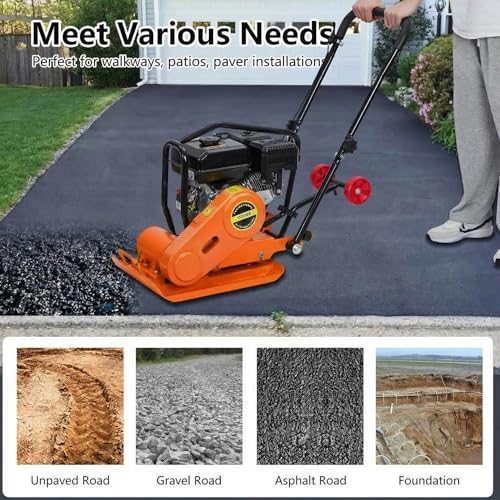 Image of GarveeTech 7HP Plate Compactor, 212CC Gas Engine Jump Jack Compactor, 4200 Lb Compacting Force, 5600 VPM Pavement 22.1x15.9 Inch Plate Compactor for Sidewalks, Asphalt, Pavers, Landscaping (Orange)