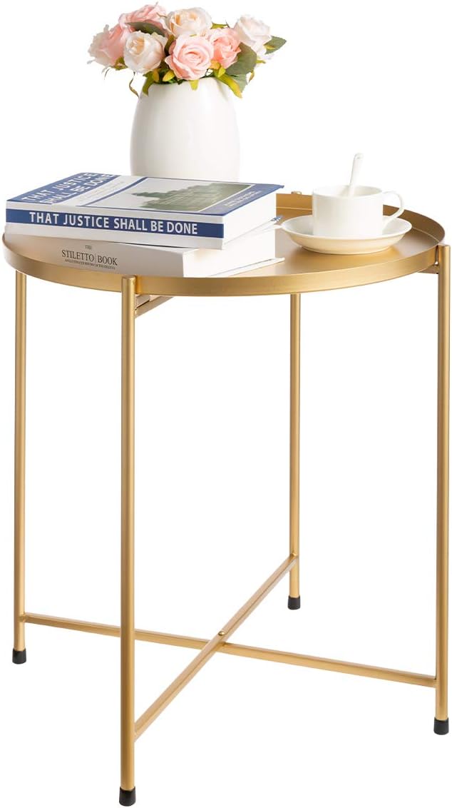 HollyHOME Round Tray Metal End Table, Anti-Rust and Waterproof Indoor&Outdoor Snack and Coffee Table, Accent Tea Table, Sofa Table for Living Room, (D) 18.27" x (H) 20.55", Gold
