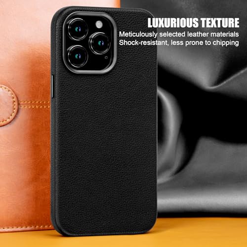 Image of Genuine Leather Case for iPhone 15 Pro Compatible with Magsafe Black | Non-Slip Pebbled Leather, Stylish, Slim Fit, Super Magnetic, Compatible with Wireless Charging, Metal Buttons, Camera Bezel