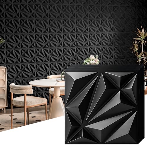 Art3d 33-Pack 3D Wall Panel for Interior Wall Décor, Diamond Textured PVC Accent Wall Paneling for Living Room Bedroom Office TV Wall Background, 11.8'x11.8' Cover 32.Sq.Ft., Black