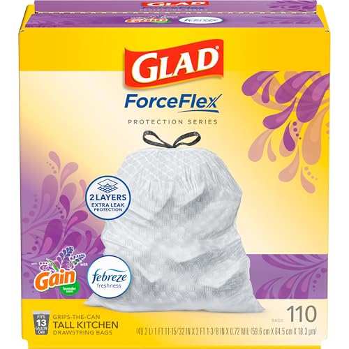 Glad ForceFlex Tall Kitchen Trash Bags, 13 Gal, Gain Lavender, 110 Ct, Pack May Vary