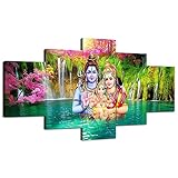 Ganesha God Shiva Canvas Wall Art Ganesha Shiva Wall Decor Parvati Family Painting for Home Hindu God Picture Print Poster Painting Frame Living Room Decoration Ready to Hang(60''Wx32''H)