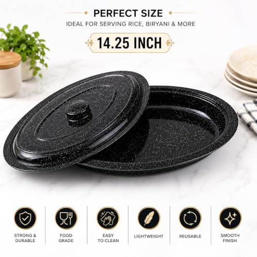Image of Melvio By Malti Black Granite 1 Piece Rice Plate with Lid | Melamine Dinnerware Set, Premium Dinner Set Crockery Plates Bowls Tableware for Home Dining Kitchen