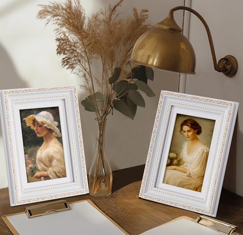 Image of eletecpro 5x7 Vintage Picture Frame, Glass Cover, White, 2-Pack | Display Photo 4x6 with Mat or 5x7 without, Horizontal or Vertical, Tabletop or Wall Decor