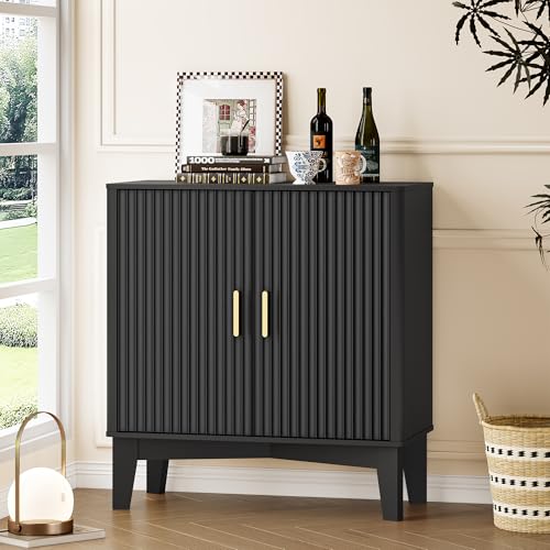 Image of BORNOON Storage Cabinet with Doors and Adjustable Shelf, Modern Fluted Sideboard Buffet Cabinet, Freestanding Coffee Bar for Kitchen, Pantry, Entryway, Living Room (Black)