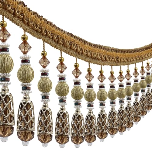 Beads Tassel Fringe Trim Drapery Fringe Trimming Decorative Curtain Tassels Fringe Lampshades Boho Trim Embellished Sewing Trimming Upholstery Drapery 3 Yards (Brown)