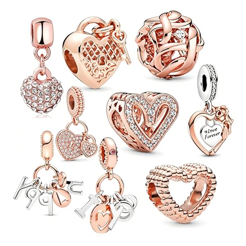 MITSOKU 9Pcs Silver Rose Gold Charms Set Compatible with Pandora Bracelets - Fashion Dangle Beads for Women Birthday/Travel/Family Theme Jewelry Gifts