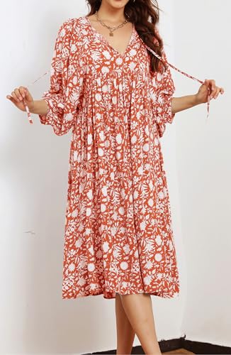 R.Vivimos Womens Summer Casual Midi Dress Lantern Sleeve Tie V Neck Boho Floral Print Loose Fit Flowy Long Dresses3