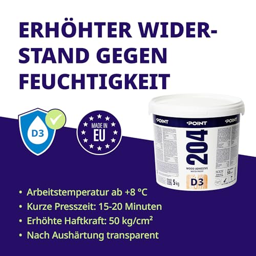 Holz Leim – Starker D3-Pva-Kleber 5 kg – Ultrastarker Holzleim Wasserfest für Möbel Hartholz Sperrholz Mdf & mehr – Schnell Trocknender Pva Holzleim Transparent – Heimwerkerbedarf von Point
