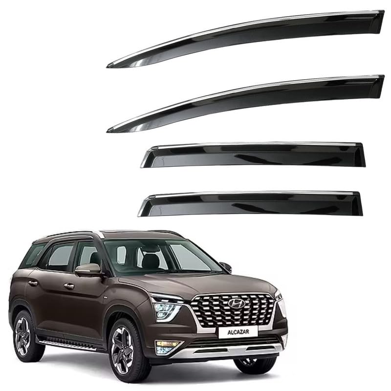 Image of CAR SAAZ Unbreakable Side Window Door Visor for Alcazar (2024 - Present)| Chrome Smoke Finish | Rain & Wind Deflector - Set of 4 Pcs