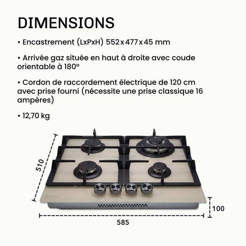 BELDEKO Plaque Gaz 4 Feux 8000W Beige - crème - Marque Française