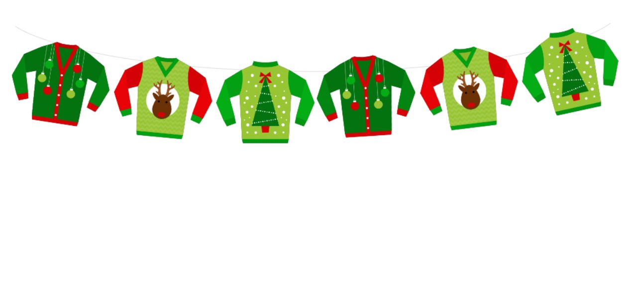 Crafty Cue 4" Tall Ugly Sweater Garland, Ugly Sweater Banner, Ugly Sweater Party Decoration, Tacky Sweater Party Banners