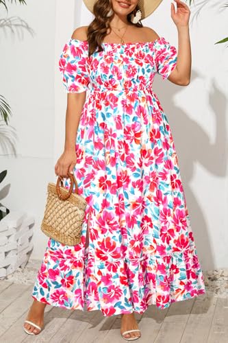Image of Plus Size Summer Dresses Sun - Maxi Boho Casual Off Shoulder Floral Lace Long Dress with Pockets